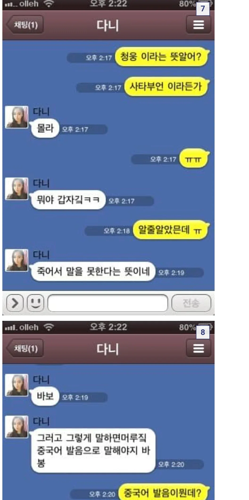 청웅의 의미와 중국어 발음을 논의하는 온라인 댓글 대화창