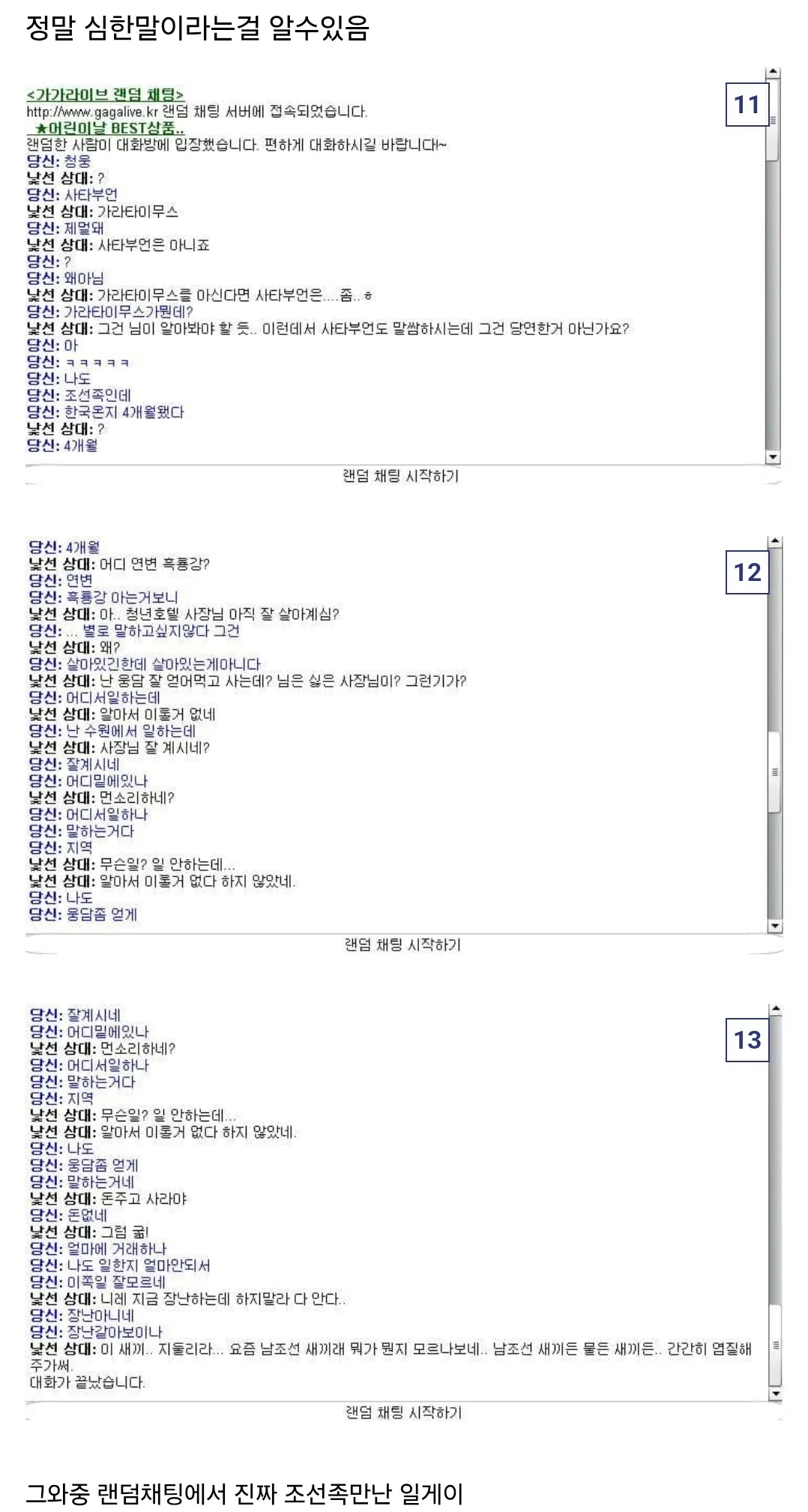 한국 랜덤 채팅 서버 대화 스크린샷. 사용자들 간의 지역과 배경에 관한 언쟁