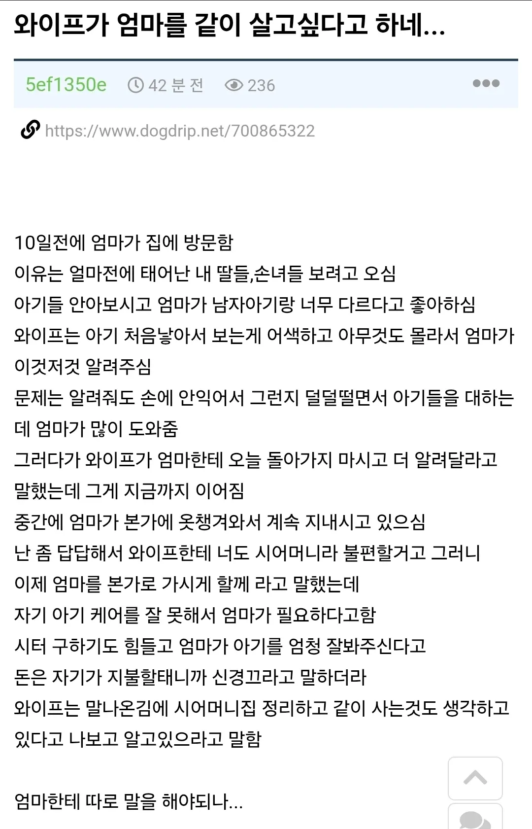 신생아 양육으로 시어머니의 도움이 필요한 가족 상황을 설명하는 글