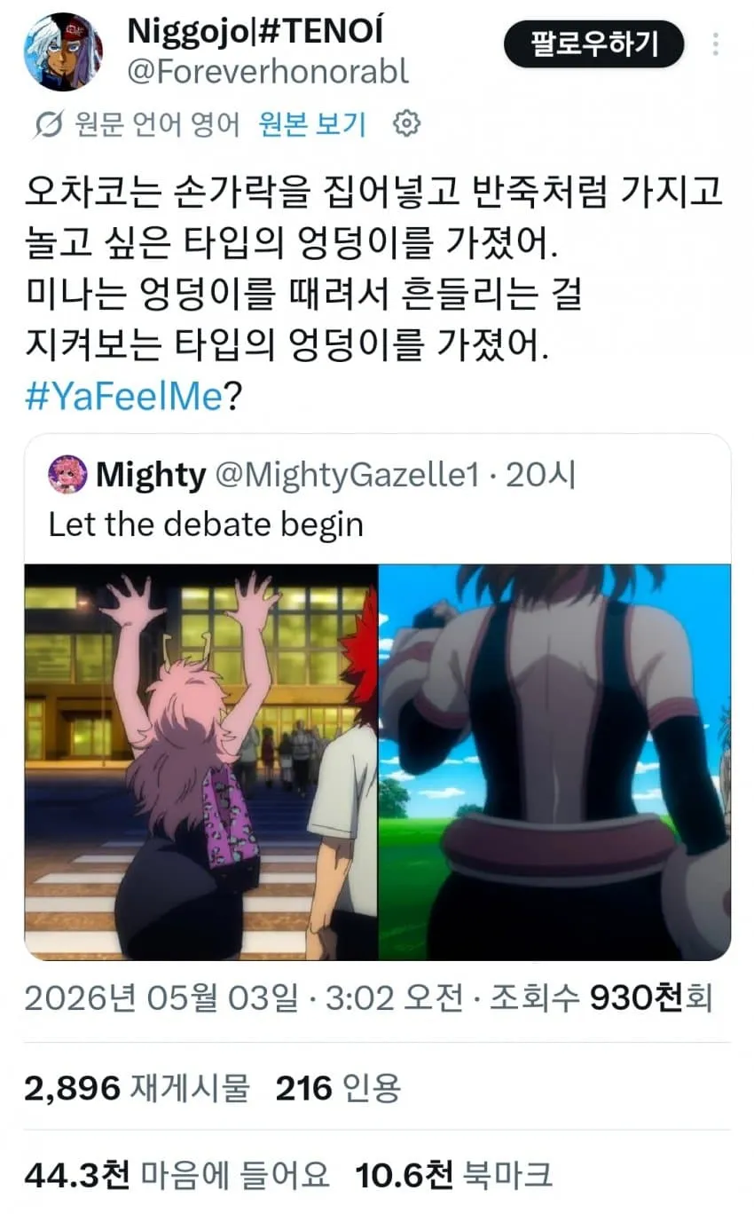 트윗 스크린샷: 엉덩이 타입에 대한 우머 논쟁