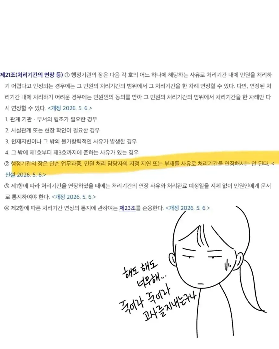 제21조 민원 처리기간 연장 규정을 다룬 행정법규 조항