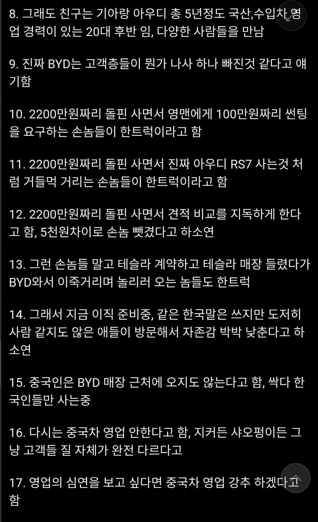 BYD 자동차 영업원이 겪는 고객 불만과 업무 경험담 정리