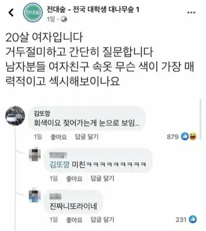 한국 온라인 커뮤니티 댓글 스크린샷입니다. 규칙에 따라 50자 이내의 alt 텍스트를 생성하겠습니다.

**대학생 대나무숲 게시글 댓글 모음, 남자들이 선호하는 여친 속옷 색깔 주