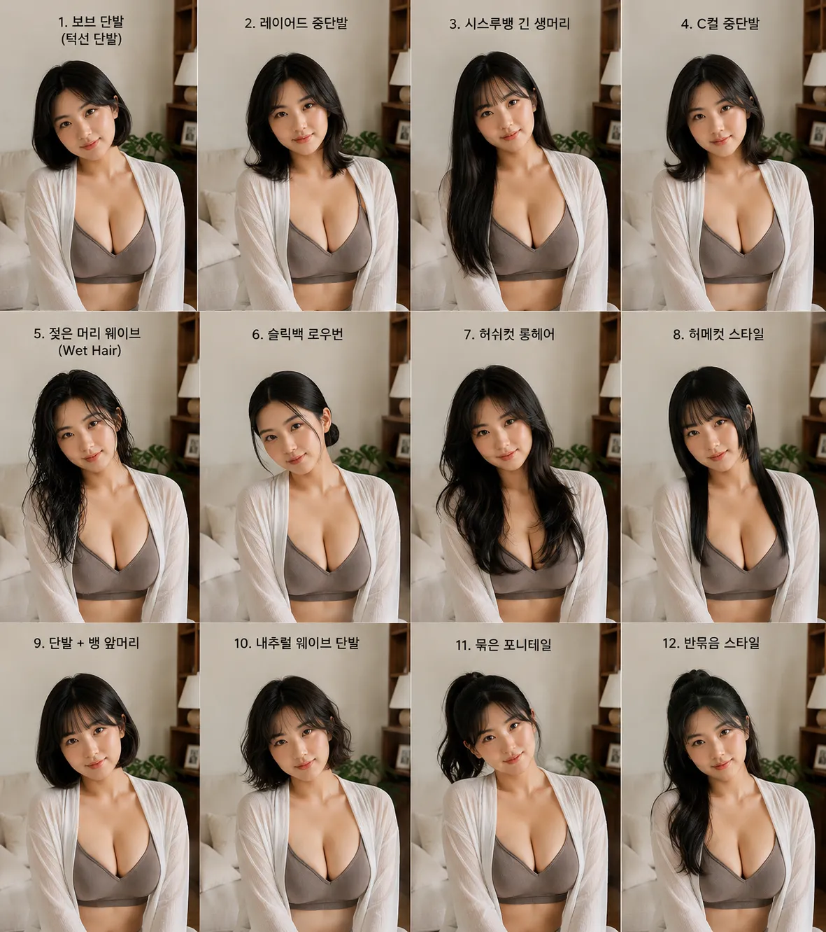 1. 보브 단밥 텍션 레이어 헤어스타일
2. 레이어드 중단밥
3. 시스루뱅 긴 생머리
4. C결 중단밥 헤어스타일
5. 젖은 머리 웨이브 스타일
6. 슬릭백 드우면 헤어
7. 허쉬