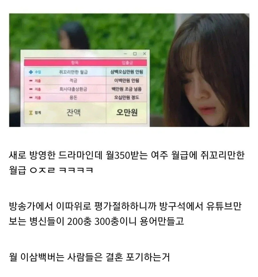 ```
방송국 여자 작가의 회계 수입 내역표와 드라마 저시청률에 대한 온라인 커뮤니티 댓글
```