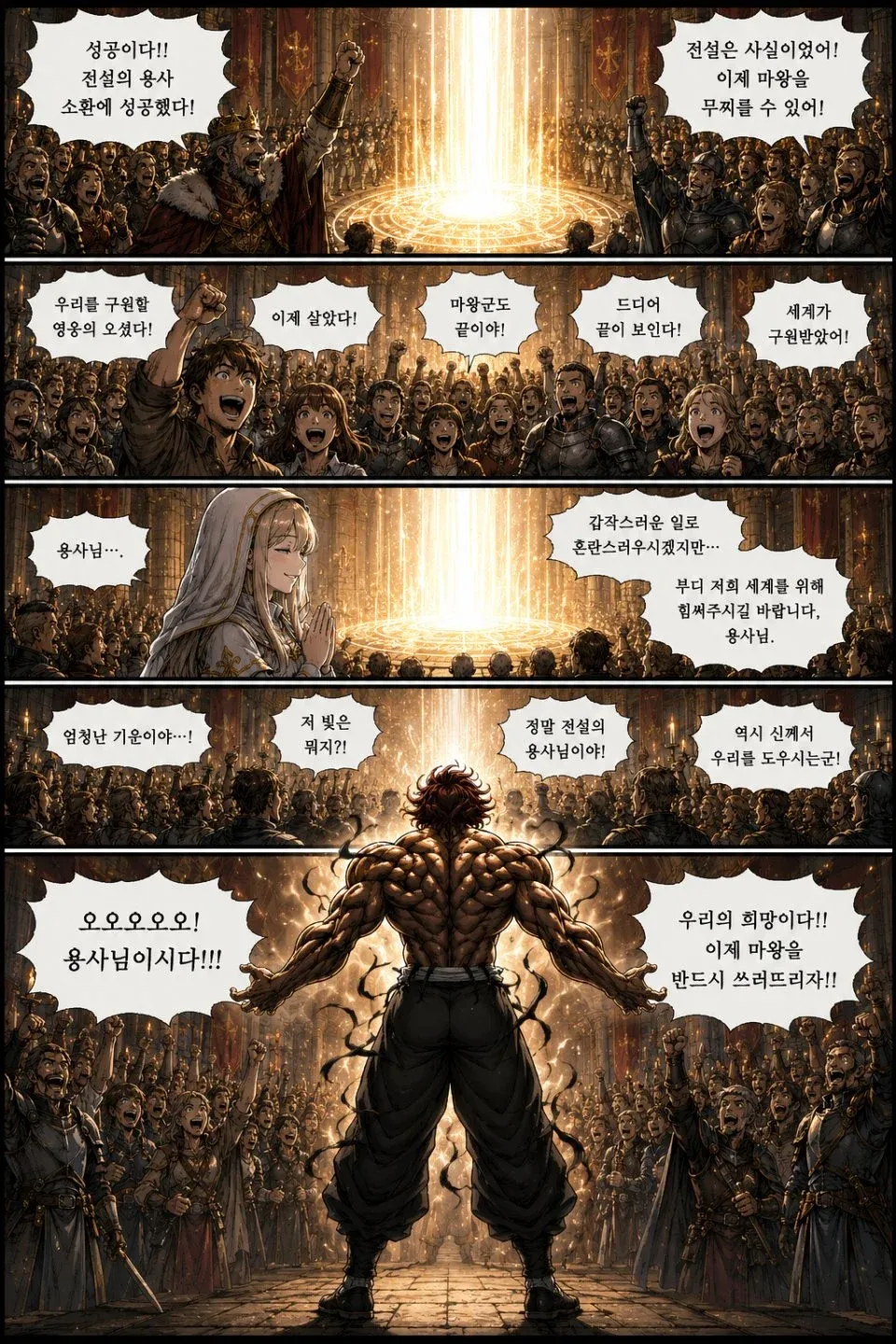 이세계로 소환된 일본인이 현지인들과 대화하는 장면