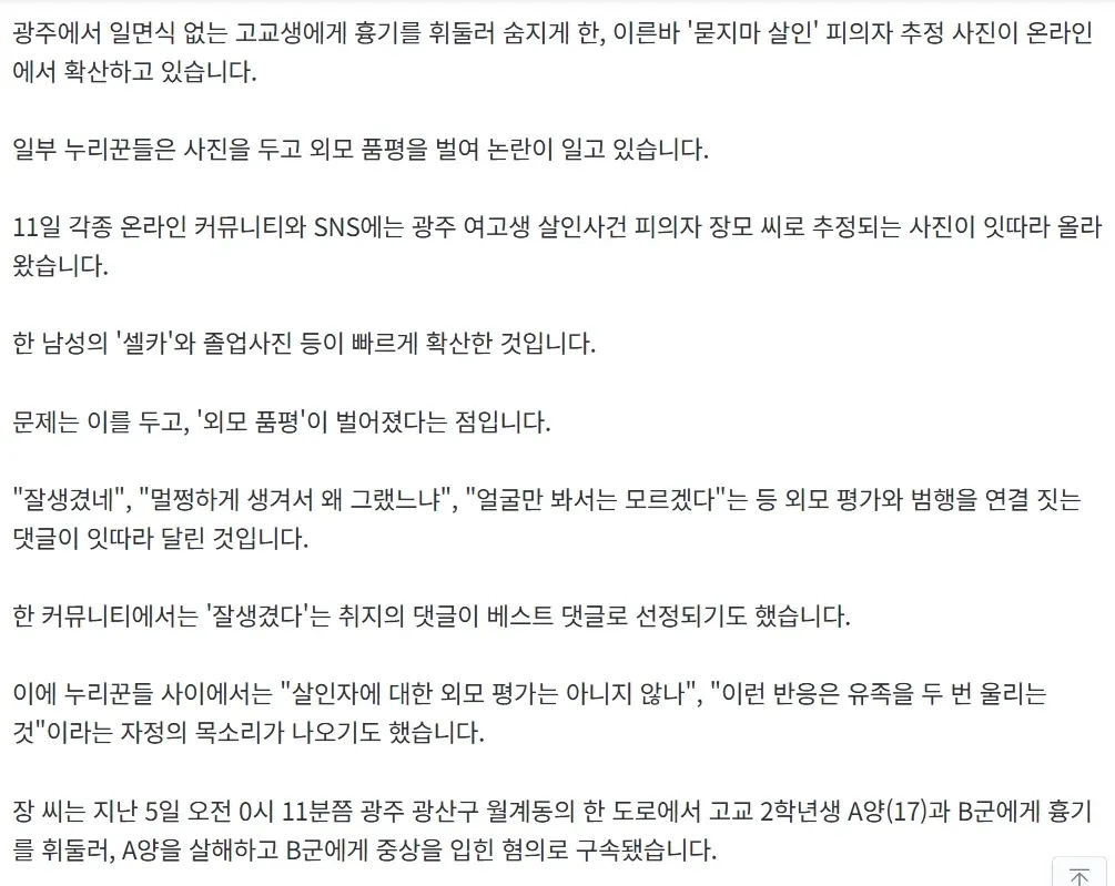 광주 여고생 살인 사건 관련 뉴스 기사 스크린샷