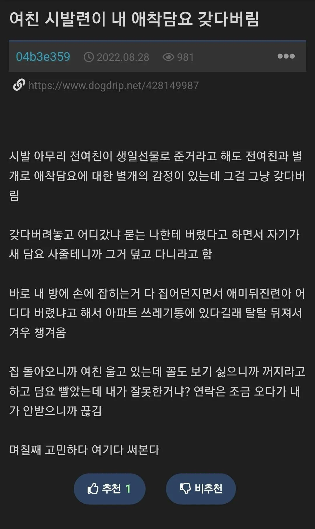 여친이 애착담요를 버린 일로 고민하는 온라인 커뮤니티 글
