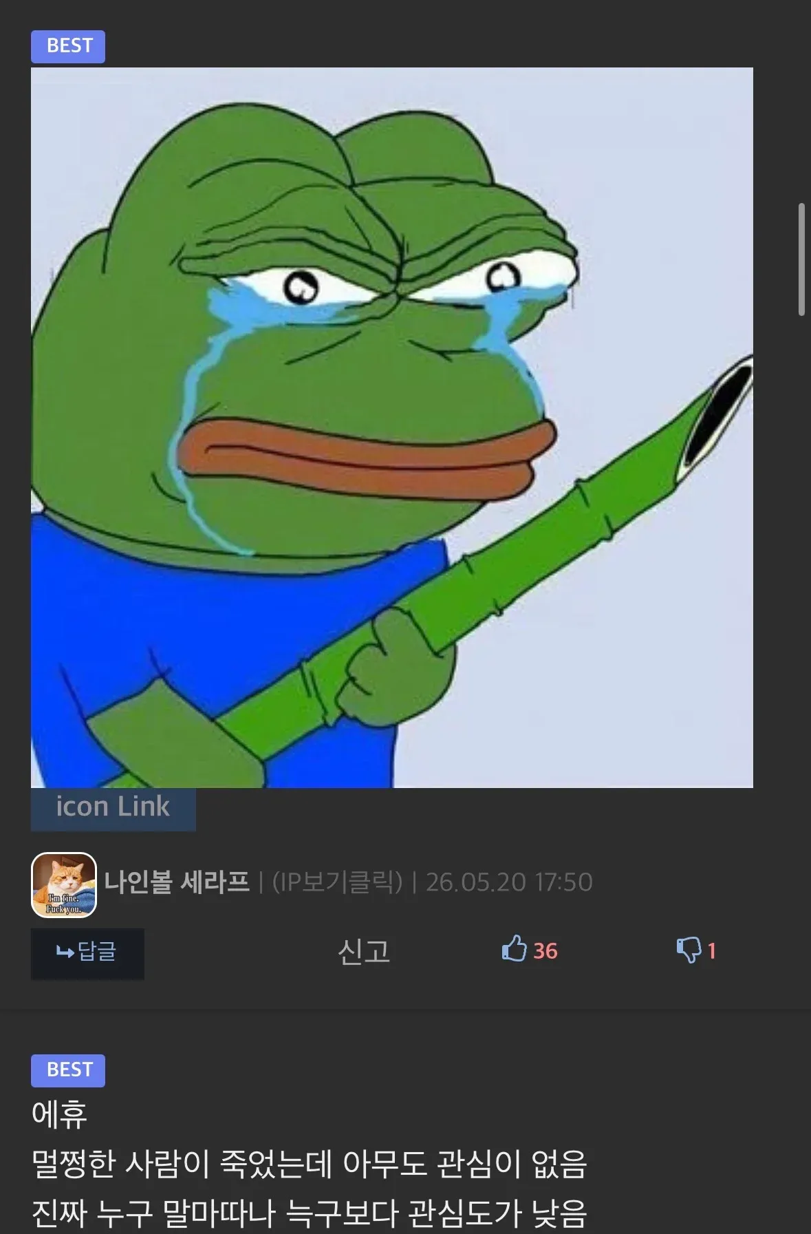 사건에 대한 사람들의 무관심을 지적하는 커뮤니티 댓글
