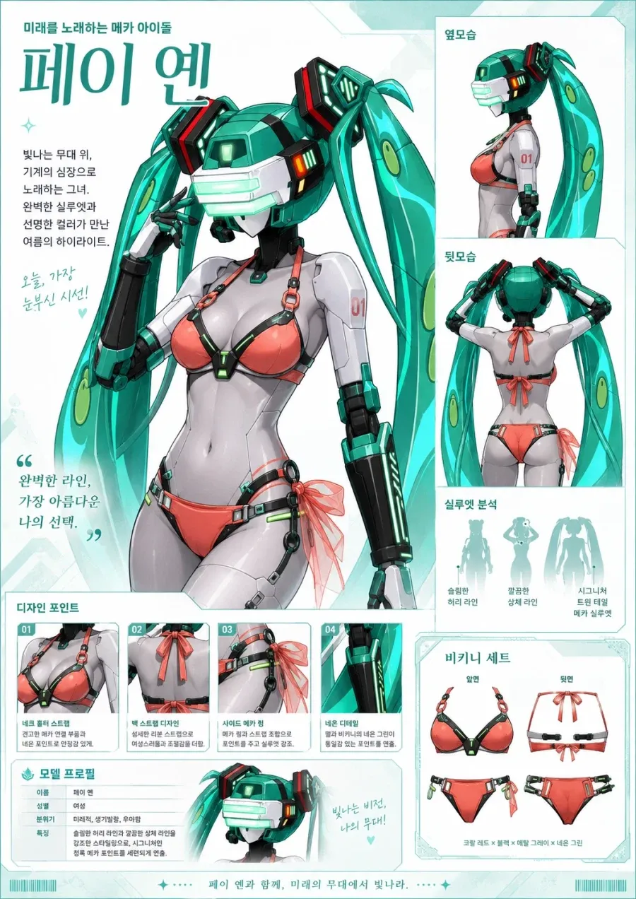메카 아이돌 여성이 무대에서 비키니 세트를 입고 노래하는 장면