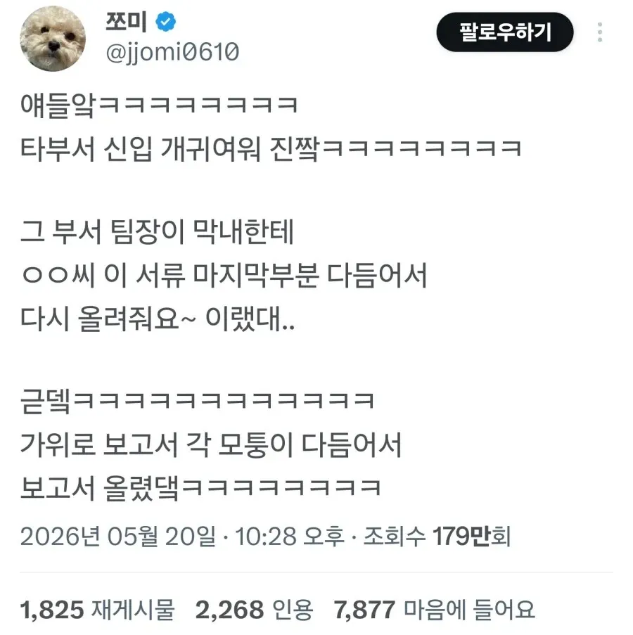 타부서 신입의 귀여움과 팀장의 웃음 유발 서류 수정 요청을 담은 트위터 게시물