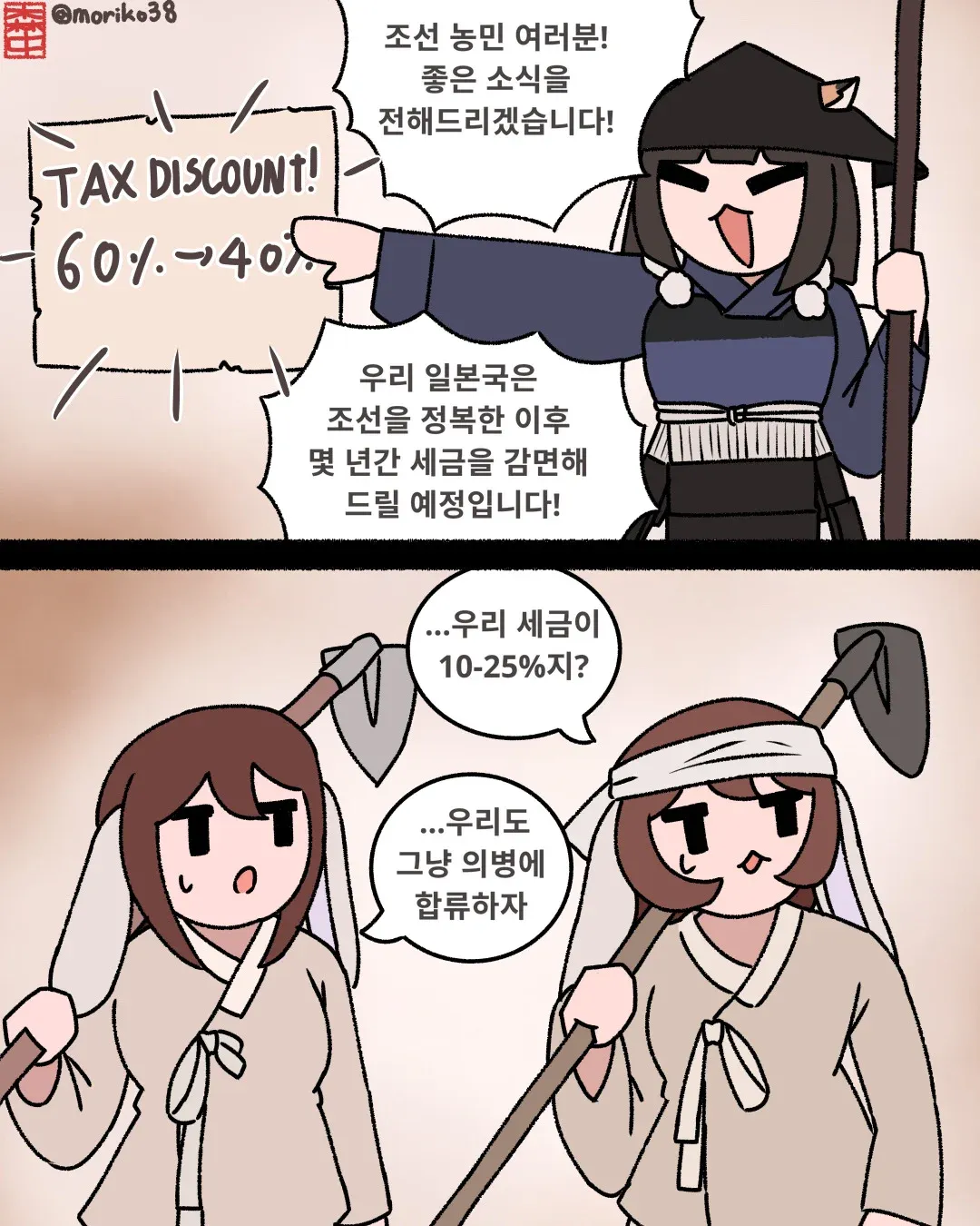 일제 식민지 세금 감면 공고와 농민들의 의병 가입 결정을 보여주는 역사 만화