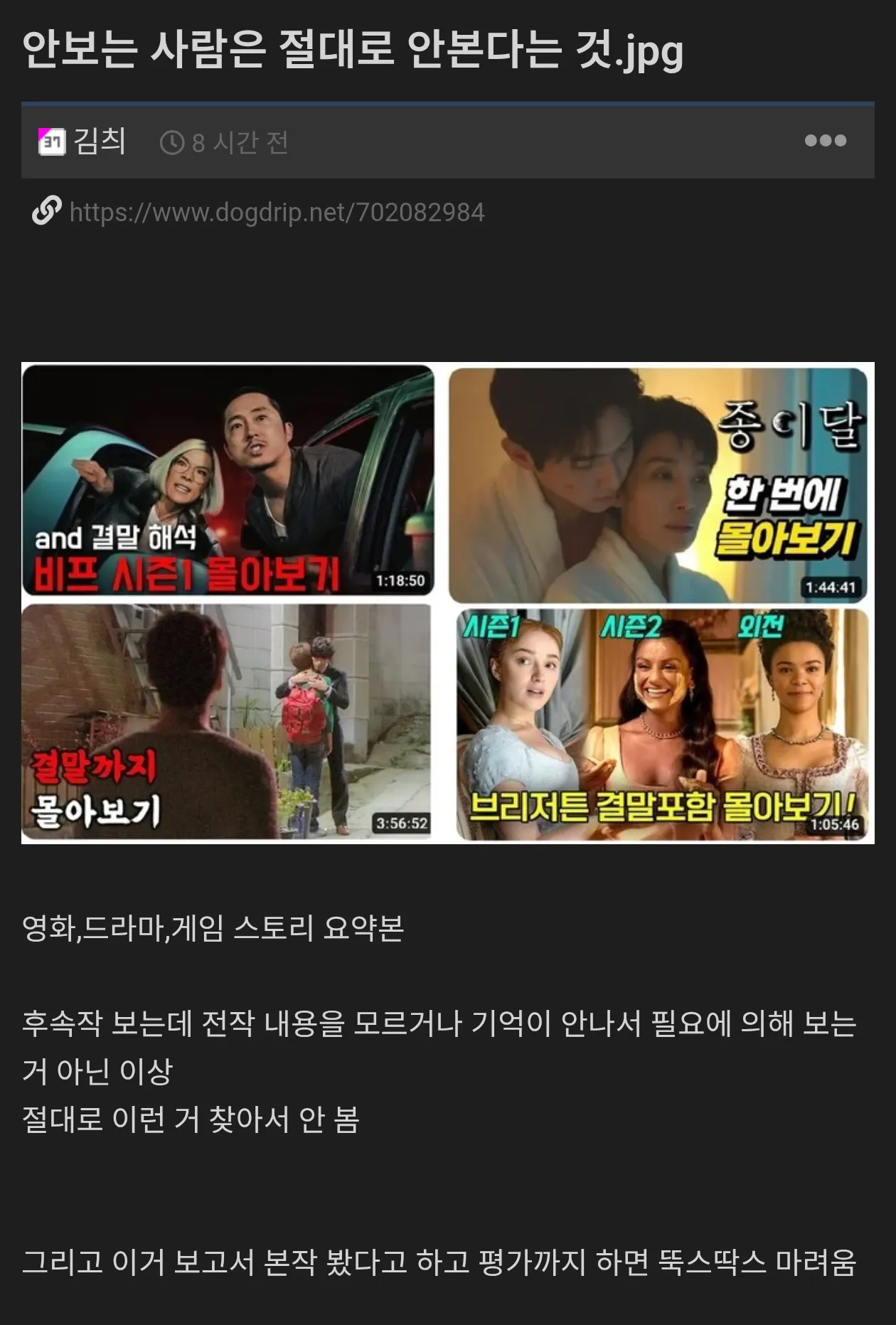 스토리 요약본을 절대 보지 않는 사람들에 대한 웹 커뮤니티 의견