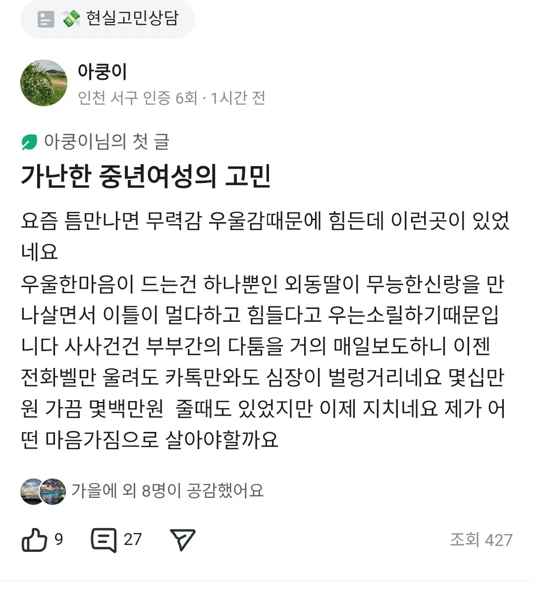 딸의 부부싸움으로 우울감을 느끼는 중년 여성의 고민글