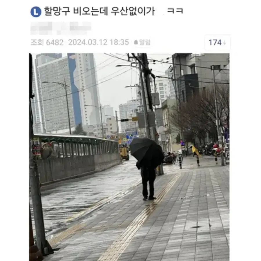 비 오는데 우산 없이 가는 할머니 유머글