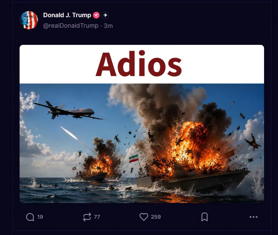 Donald J. Trump X 포스트: 'Adios' 메시지