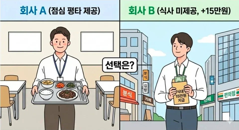 점심 제공 회사 A vs 식사 미제공·15만원 회사 B