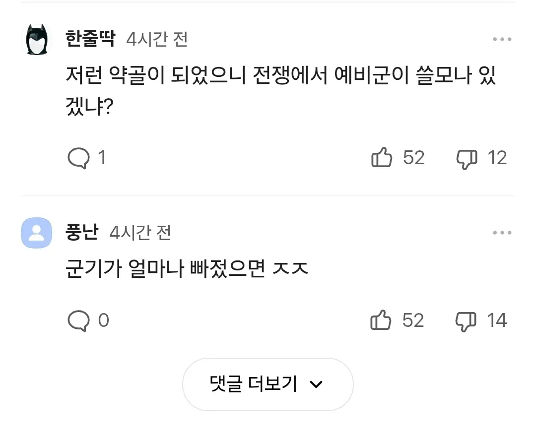 ```
유튜버 김토르 예비군 사망 폭로 기사의 댓글 스크린샷
```