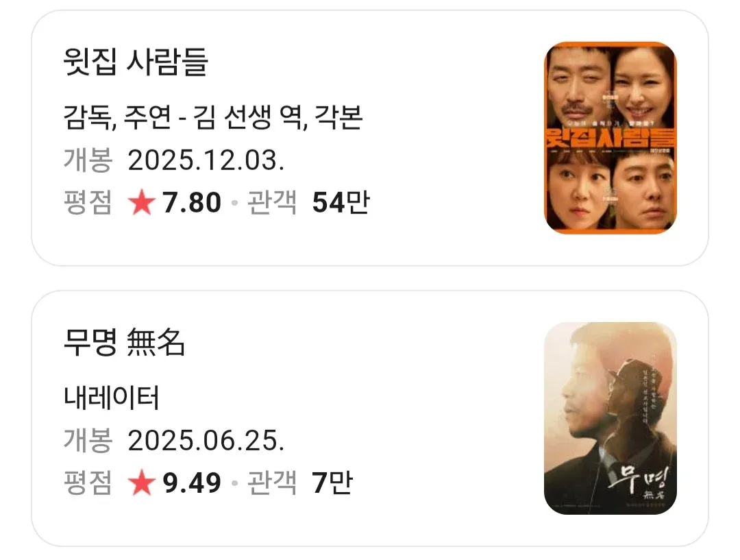 하정우 배우의 국내 작품 성적: 웃집 사람들(7.80점), 무명(9.49점)
