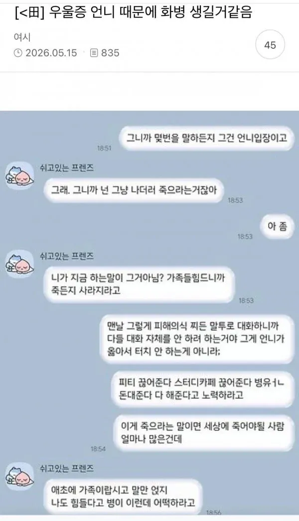 우울증 있는 언니 때문에 스트레스받는 사람과 친구의 대화 글