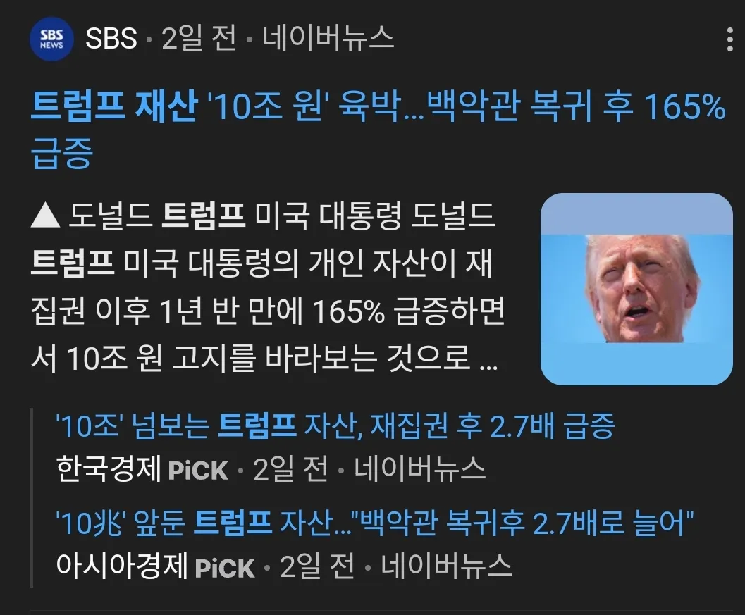 트럼프 대통령 재산 1년반 만에 2.7배 증가 관련 뉴스 헤드라인