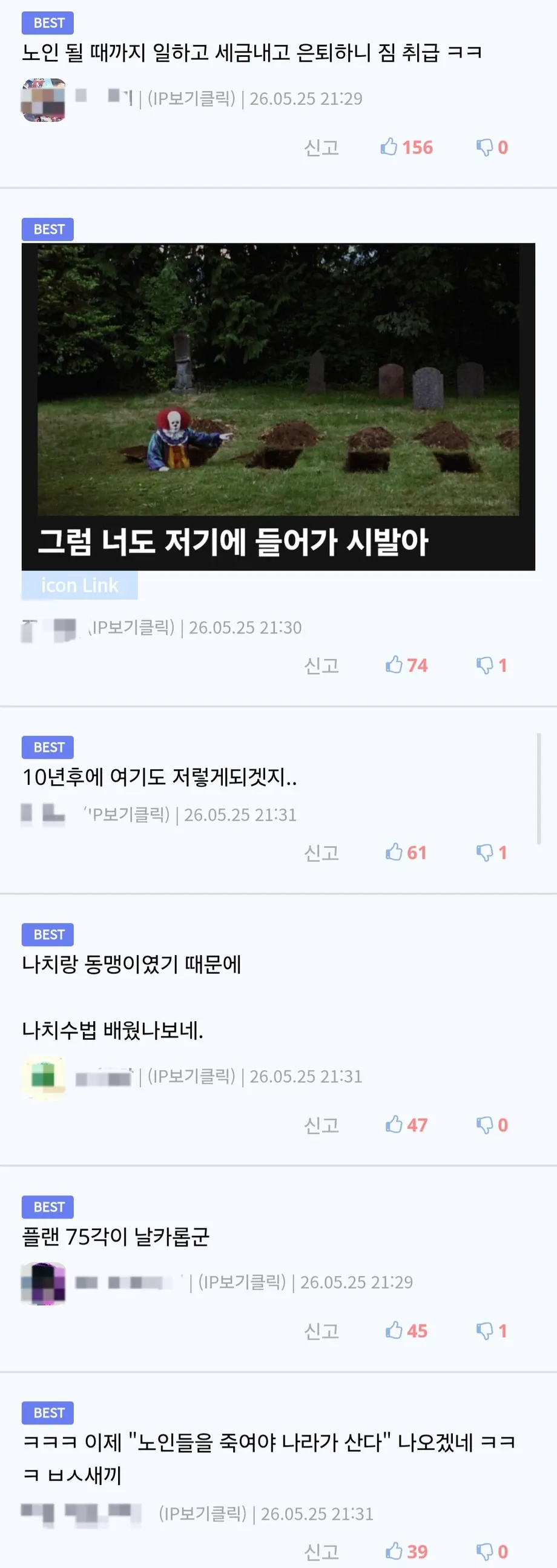 일본 독거노인 문제에 대한 부정적 댓글 스크린샷