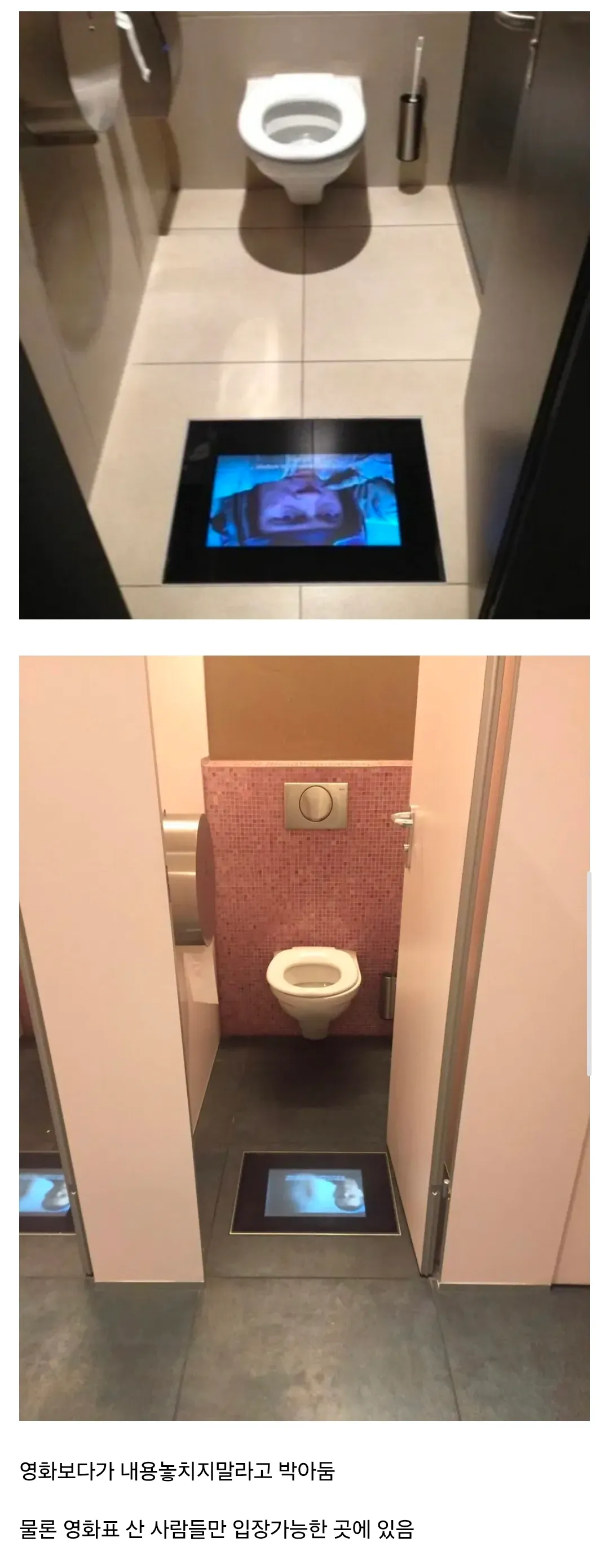 스위스 영화관 화장실의 영화 내용 놓치지 말라는 표지판