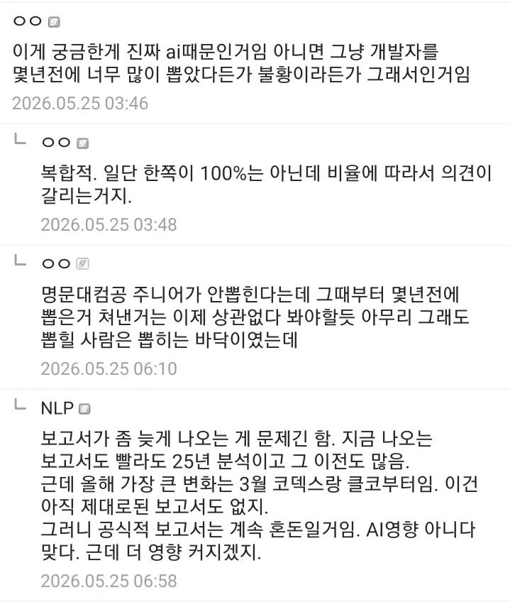 미국 개발자 취업시장 침체 원인 분석 댓글 토론