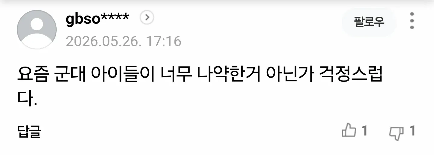 군대 인력 약화 지적, 예비군 사망·가혹행위 언급 댓글