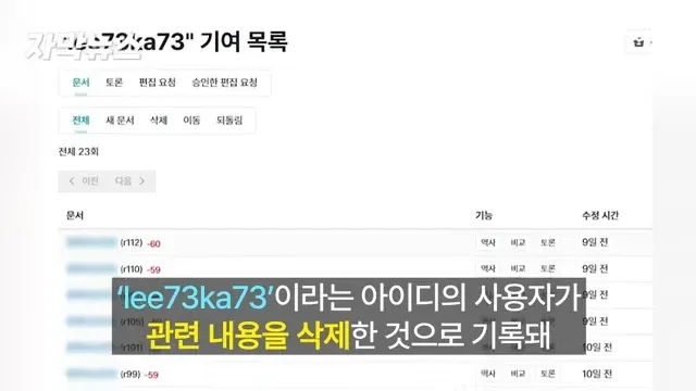 나무위키 기여 목록: 사용자의 예비군 사망 관련 내용 삭제 기록