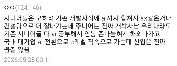 시니어는 AI로 성공, 신입은 취업난인 한국 개발시장 현황 댓글