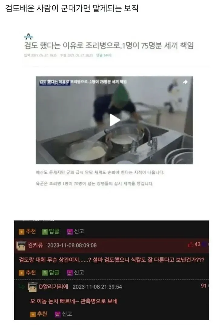 검도 경험으로 조리병 배치하는 군 보직 시스템 비판 댓글
