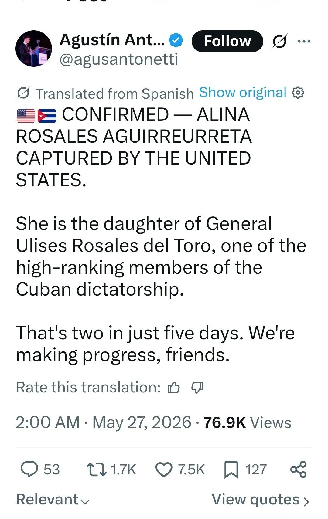 쿠바 고위층 자녀 Alina Rosales Aguirreurreta 미국 체포 소식 트위터 게시물