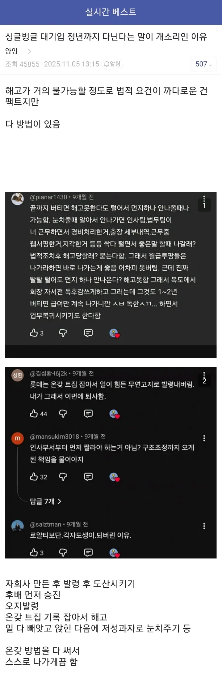 ```
대기업 정년 해고 법률 관련 온라인 댓글 스크린샷
```