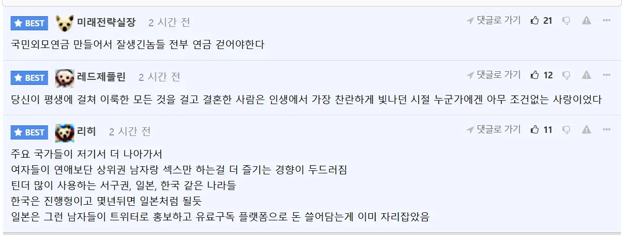 ```
한국 온라인 커뮤니티 연애와 결혼 관련 댓글 스크린샷
```

**문자 수: 29자**
