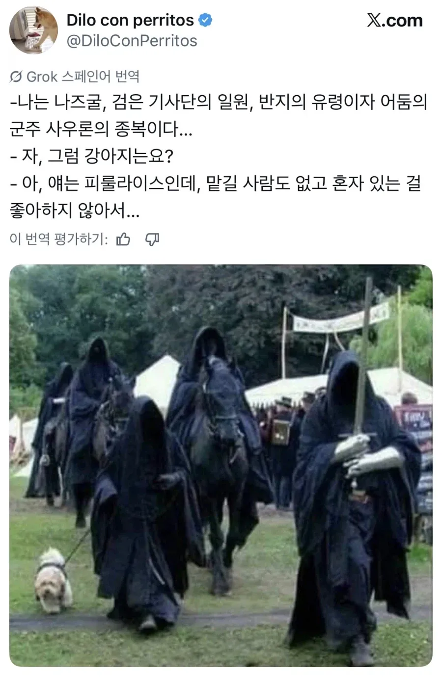검은 옷 나즈굴 코스프레를 한 사람이 혼자인 개 피룰라를 소개하는 장면