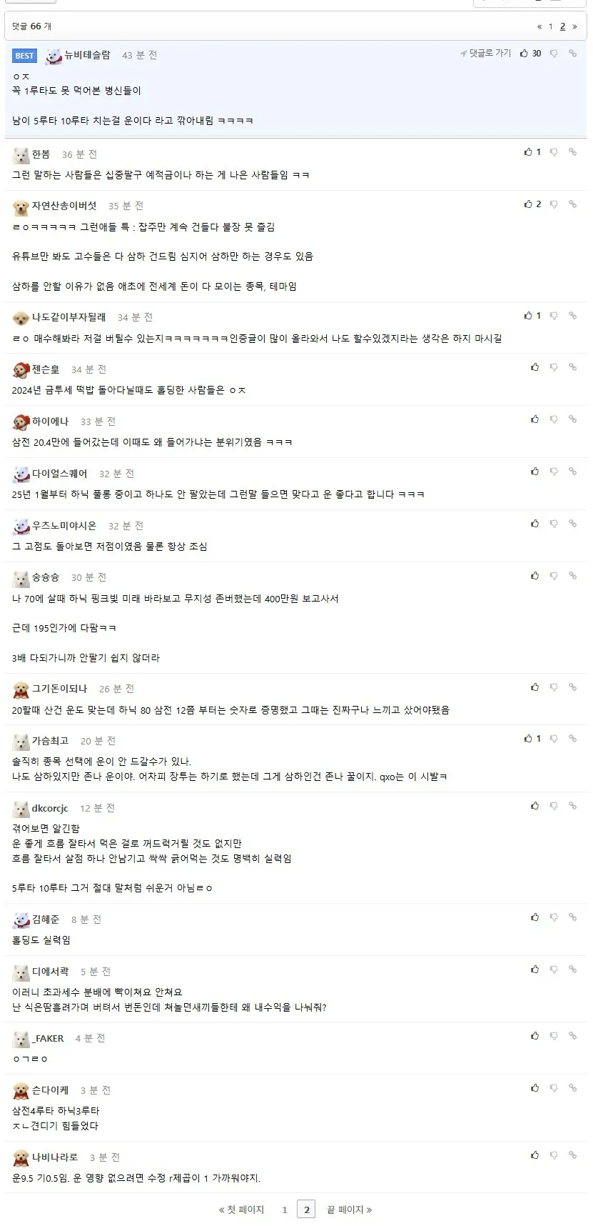온라인 커뮤니티 댓글 섹션, 투자 관련 66개의 댓글