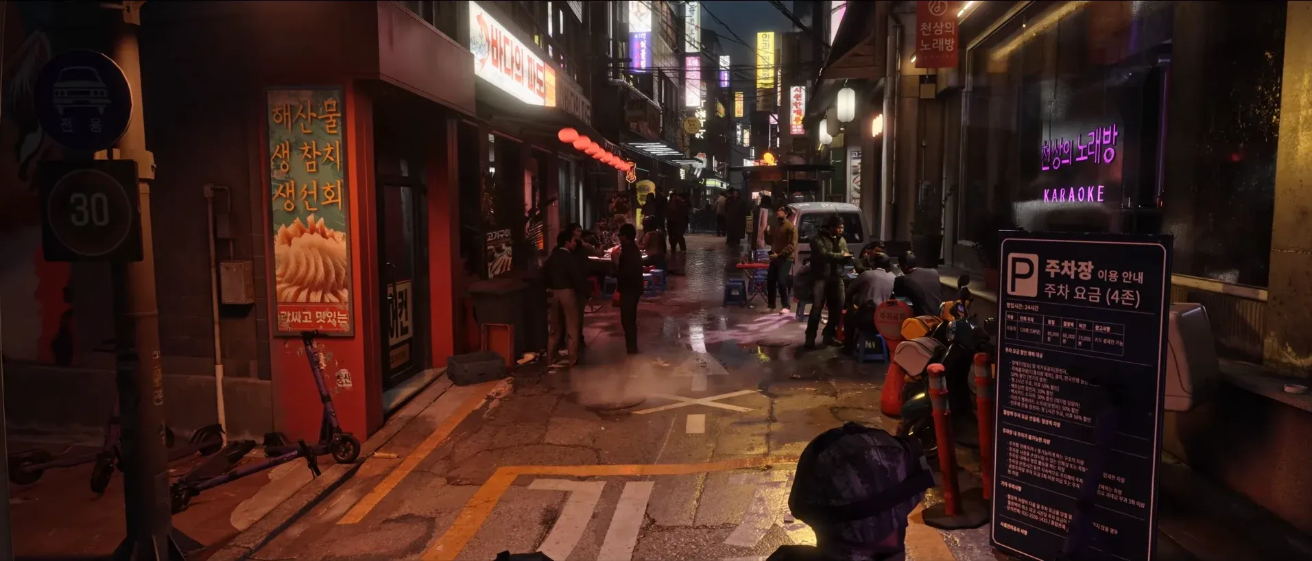 콜오브듀티 맵의 한국식 음식점, 노래방, 주차장 간판