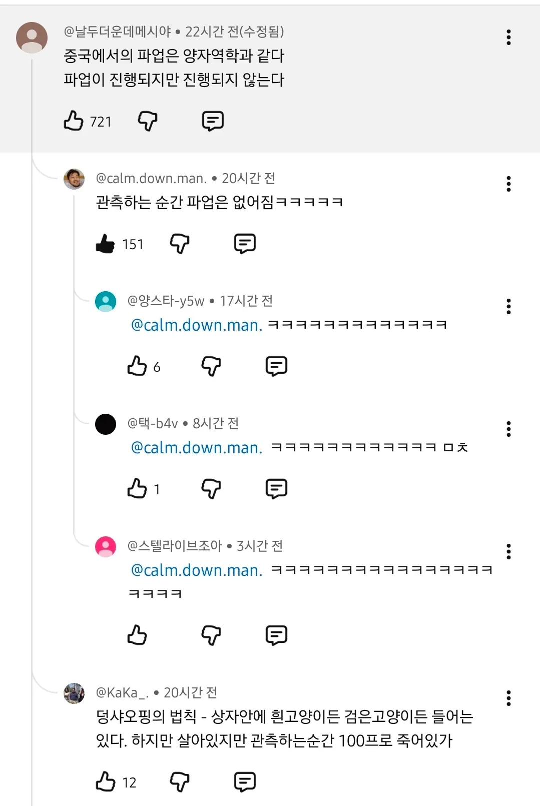 슈뢰딩거의 고양이로 중국 파업을 비유한 댓글