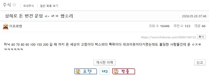 국내 주식 커뮤니티 게시물 - 조회수 16446, 댓글 66