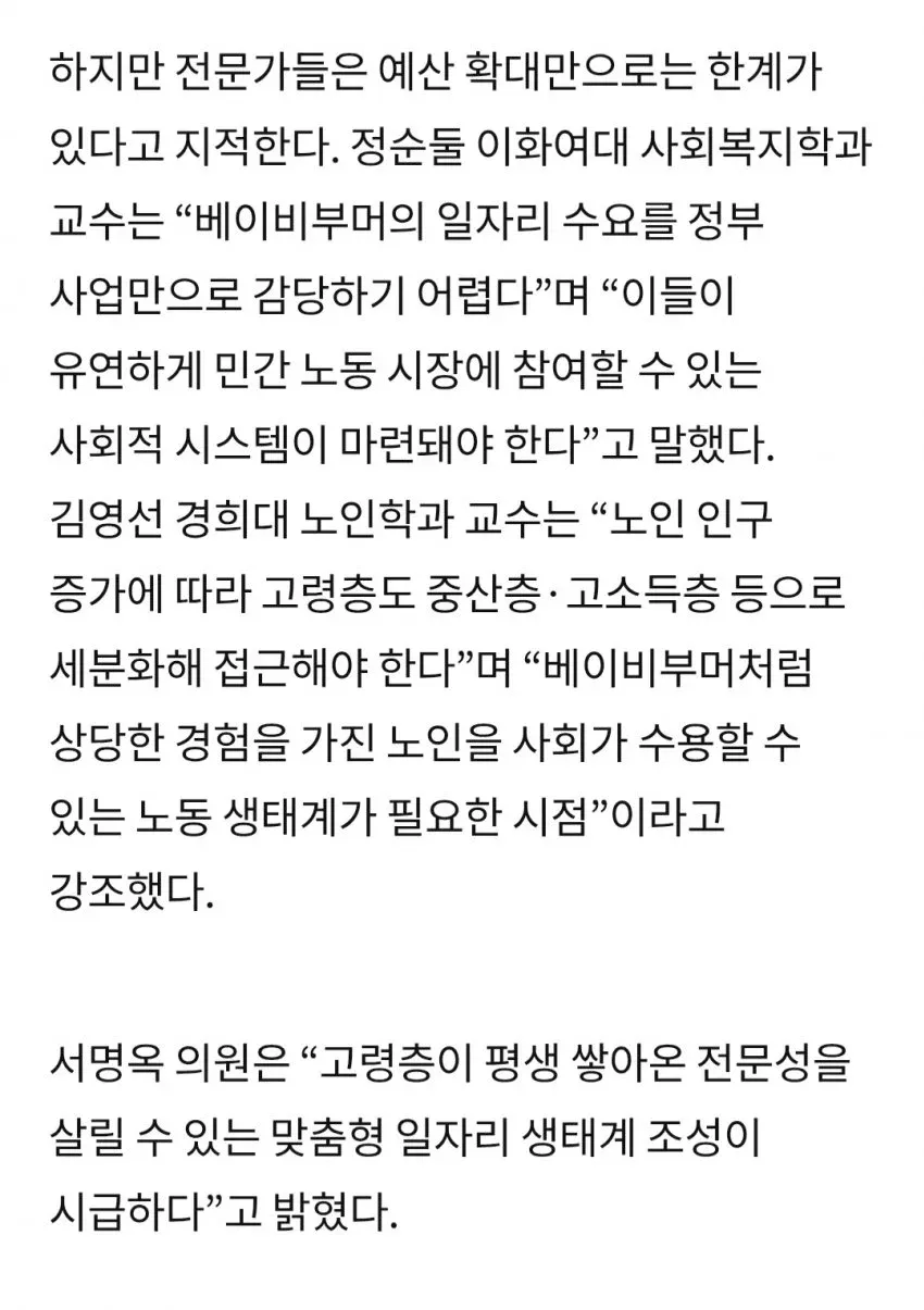 베이비부머 일자리 문제 해결을 위한 민간시장 참여와 맞춤형 일자리 생태계 필요성에 대한 전문가 견해