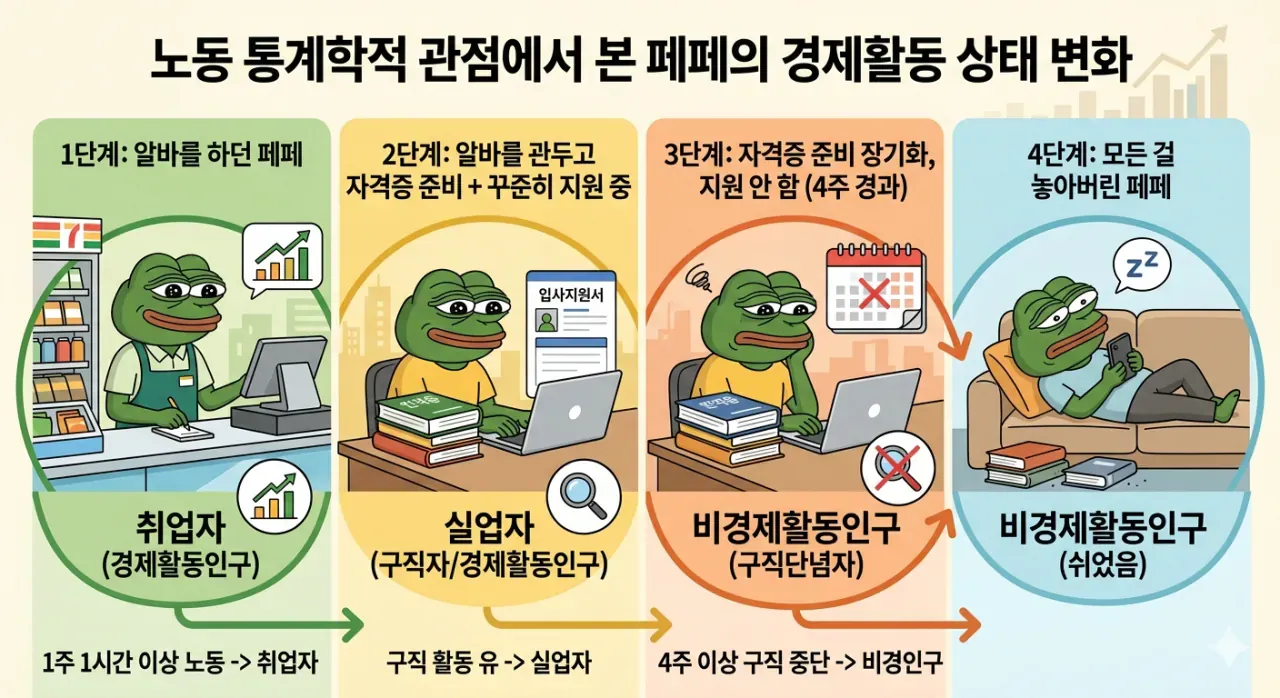 청년 경제활동 상태 변화: 취업→휴직→자격증→중단의 4단계