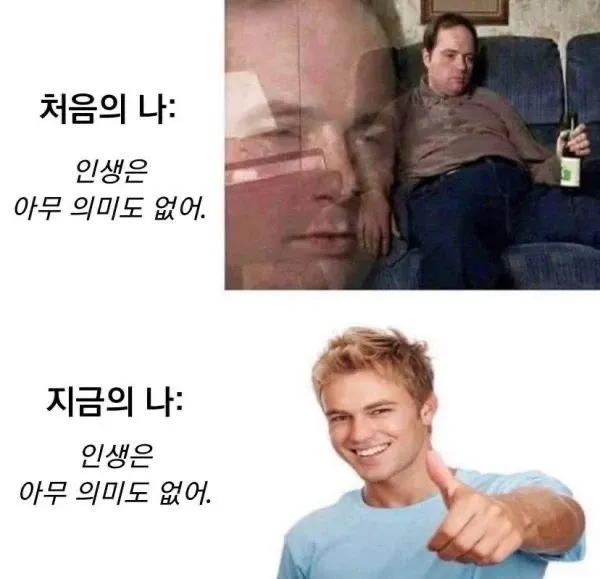 처음과 지금 모두 인생이 무의미하다고 느끼는 지친 현대인 밈