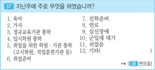 ```
쉬었음 청년의 주요 활동 조사 항목 11개 목록
```