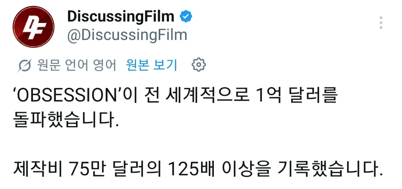 공포영화 'Obsession' 글로벌 1억 달러 돌파, 제작비 125배 이상 기록