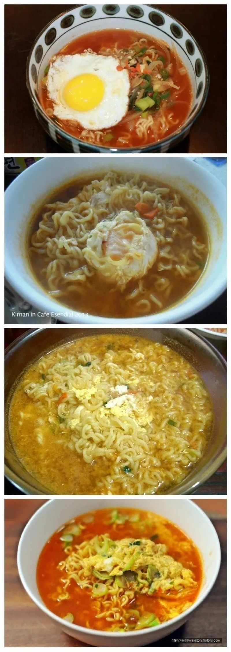 라면에 계란을 넣는 다양한 방법을 보여주는 이미지