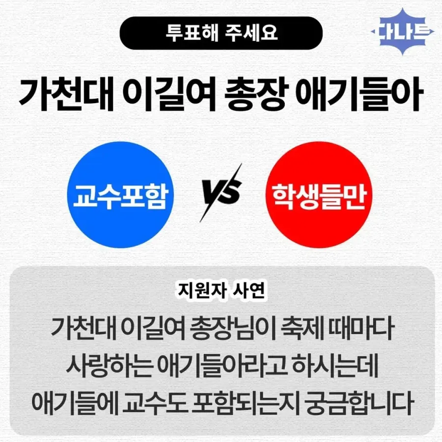 가천대 이길여 총장 '애기들아' 표현 범위 투표: 교수 포함 여부