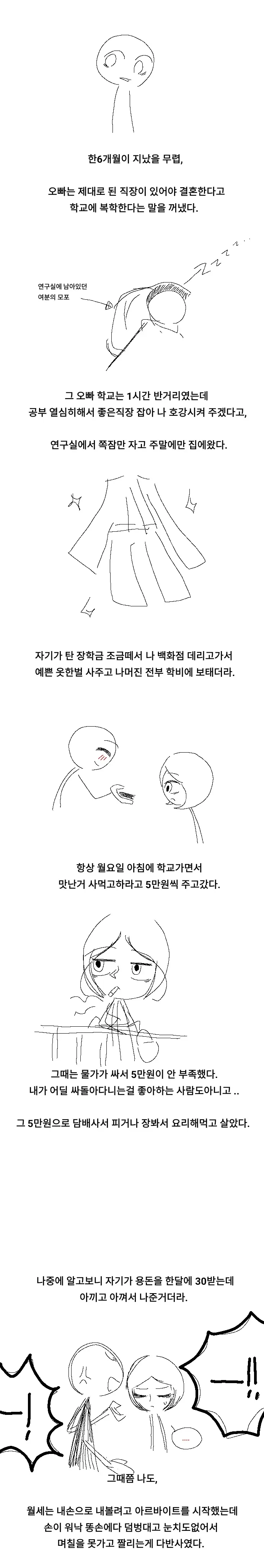 장학금을 아껴 동생을 돕는 오빠의 헌신적인 이야기를 담은 만화 장면