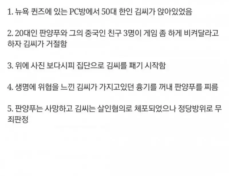 뉴욕 퀸즈 한인 남성 정당방위 사건: 집단 폭력에 방어로 무죄