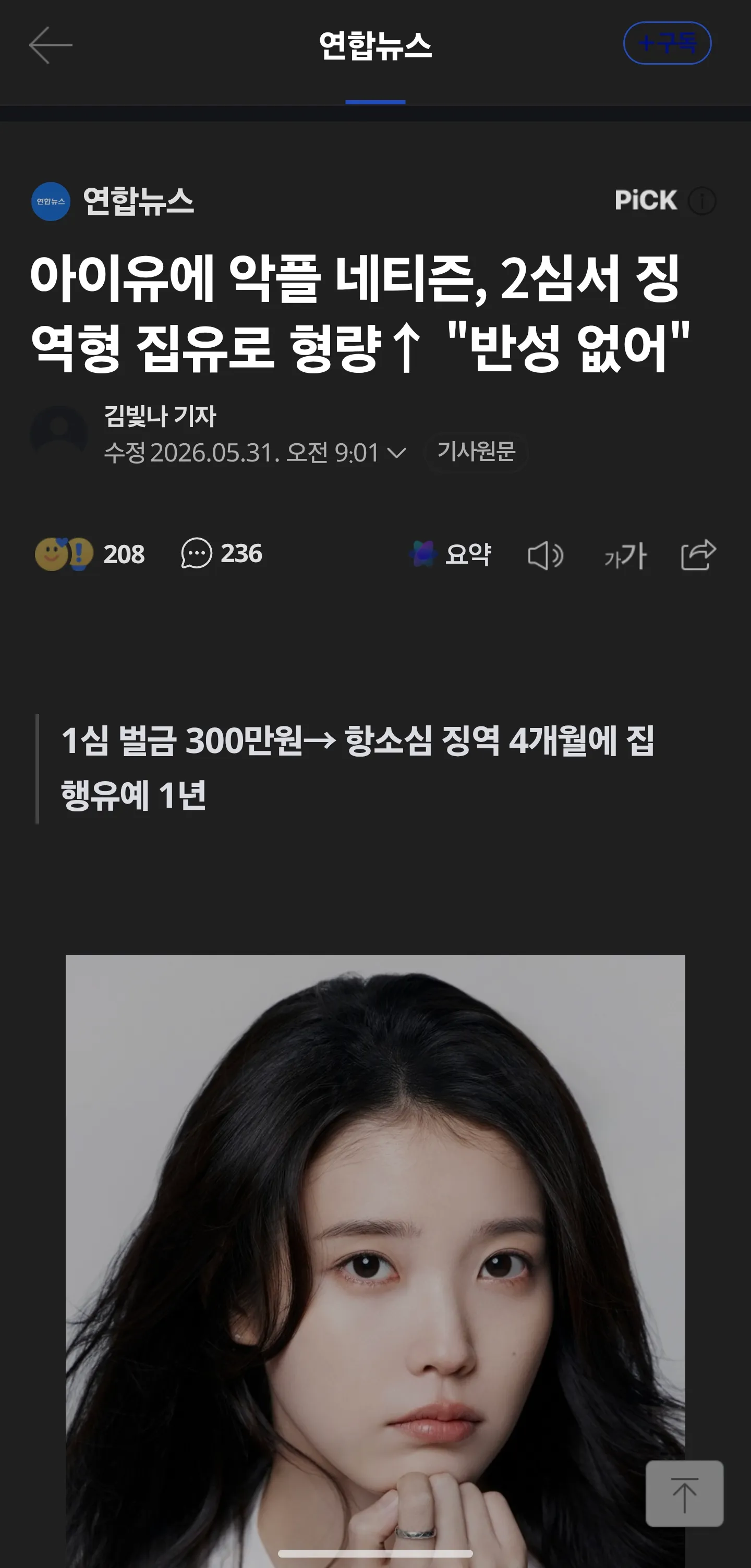 악플 네티즌 항소심 징역 4개월 집행유예 1년 벌금 300만원 판결